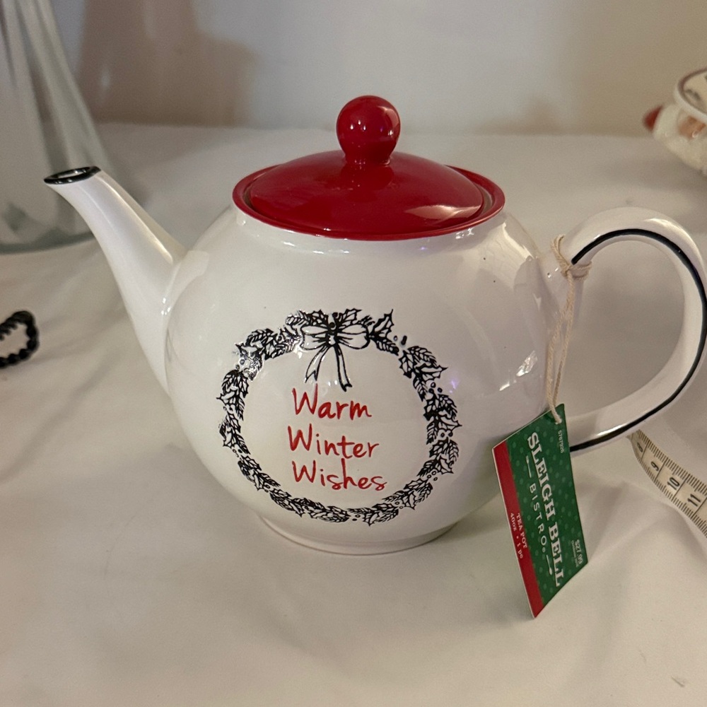 Red and White Teapot with Warm Winter Wishes